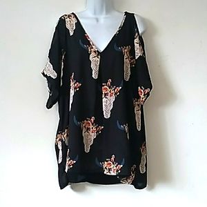 Giddy Up Glamour floral longhorn design on semi sheer black cold shoulder XL